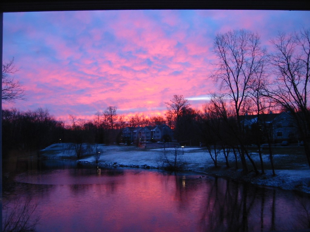 Bright pink sunrise over an artificial lake reflecting bare trees in Northeast Ohio. Snow covers the far shore of the lake.